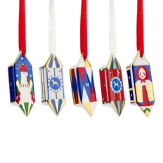 Набор из 5 елочных игрушек-конфет Farforite «Зеленая ярмарка» в подарочной коробке, золотой / красный / синий фото