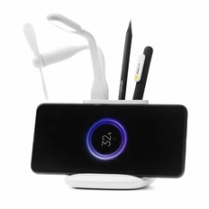 Настольный органайзер с док-стацией для беспроводной зарядки, вентилятором и лампой фото