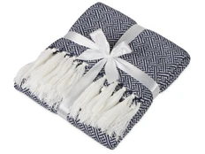 Плед акриловый с белой бахромой Tassel, тёмно-синий фото