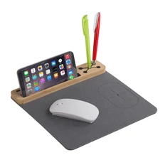 Подставка настольная Powerfolio с беспроводным зарядным устройством, серая / коричневая фото