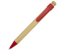 Ручка шариковая из бамбука и переработанной пластмассы Rattan, бежевая / красная фото