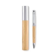 Ручка шариковая бамбуковая в футляре, бежевая / серебристая фото