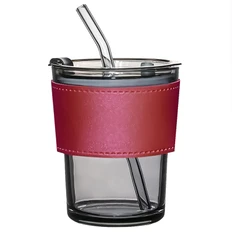 Стакан стеклянный с трубочкой и капхолдером Karamel, бордовый фото