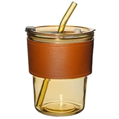 Стакан стеклянный с трубочкой и капхолдером Karamel, золотой фото