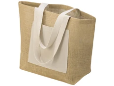 Сумка джутовая с широким дном и карманом Jute, бежевая фото