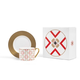 Чайная пара Farforite «Сигнум» 250 мл в подарочной коробке, золотая / красная / белая