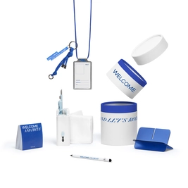 Набор Welcome Pack Welcome Tube в тубусе: набор для чистки гаджетов, носки, вечный карандаш, подставка для телефона, чехол для пропуска, брелок, to-do листы, белый / синий